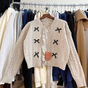 Cute Cream Cardigan Black Bow Details